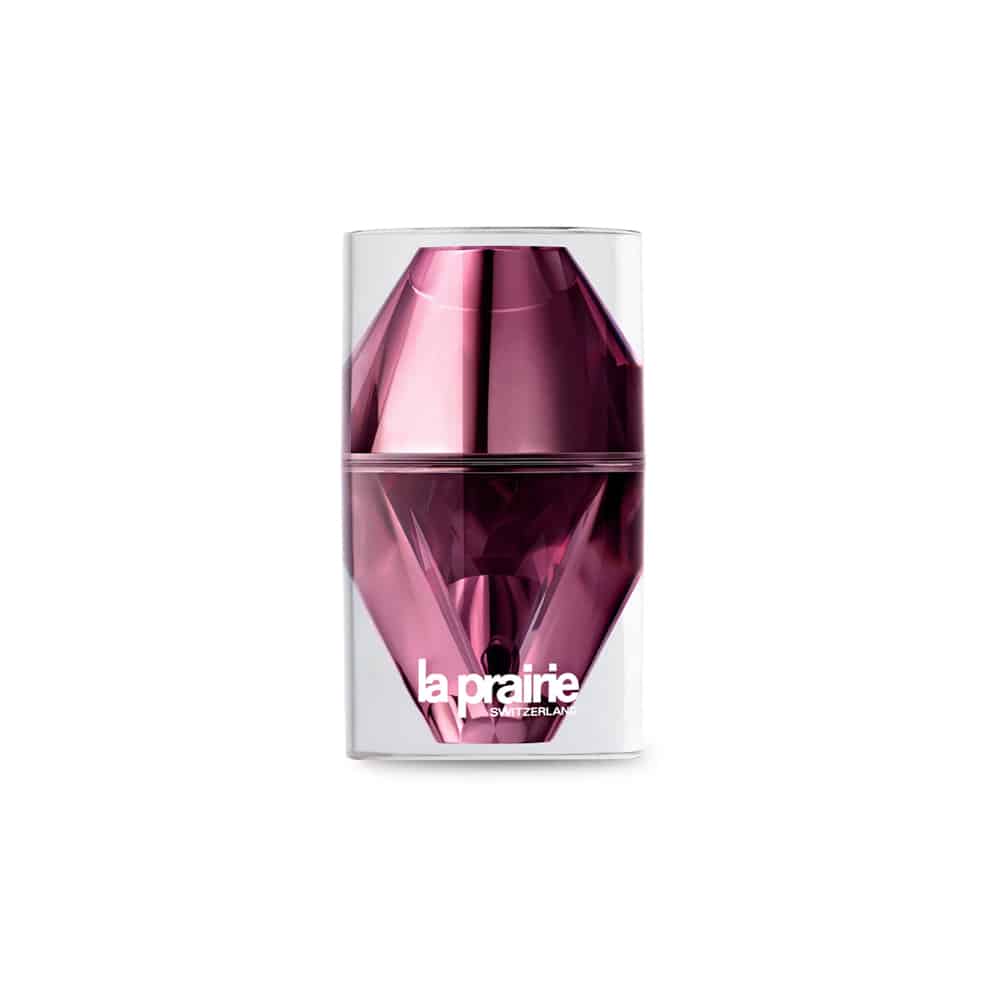La Prairie Cellular Platinum night elixir bottle, purple metallic cylindrical container