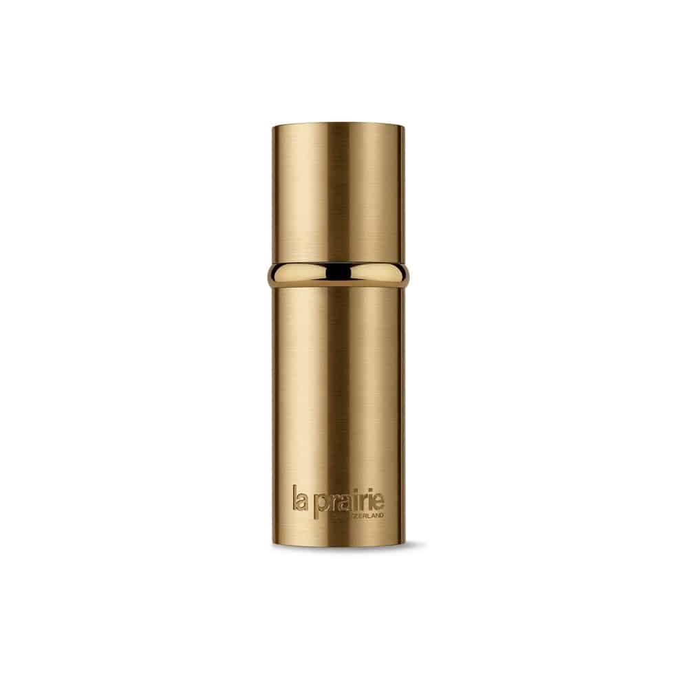 Gold cylindrical skincare concentrate bottle with matching metallic cap