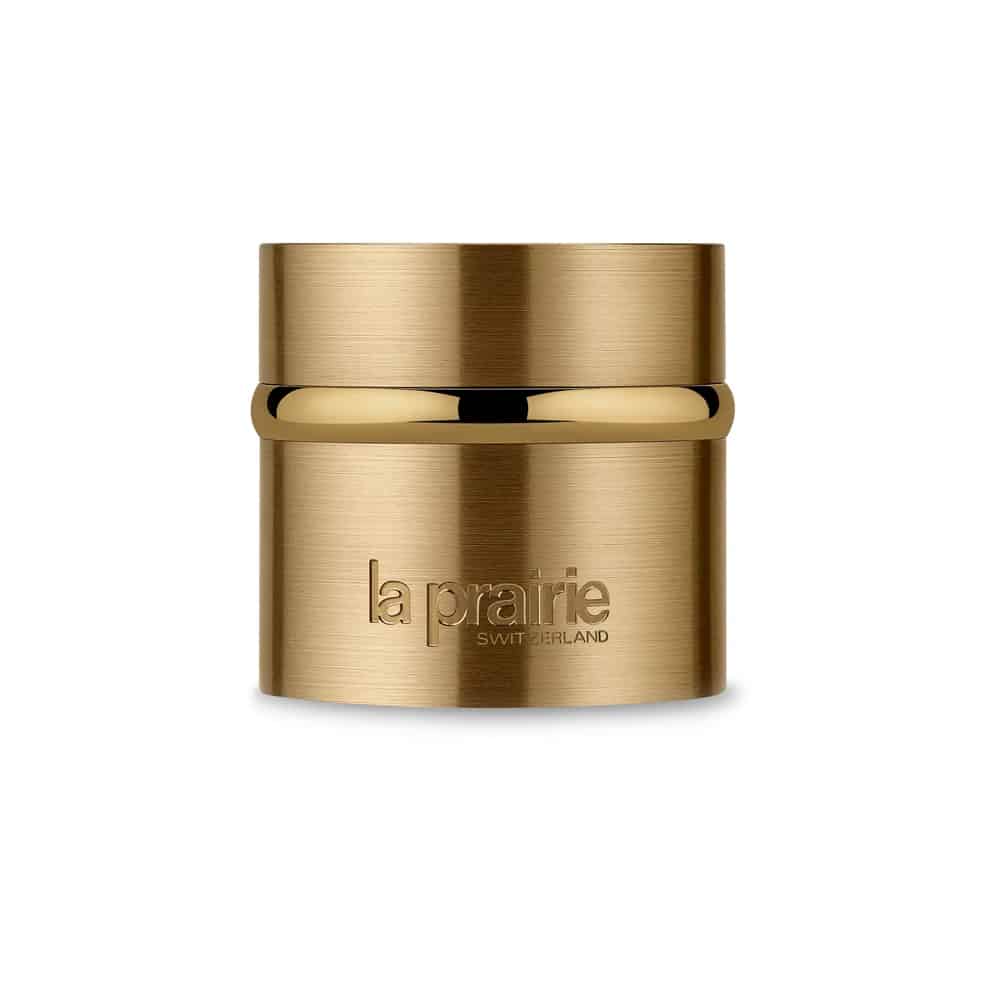 Gold La Prairie cream jar with lid and engraved la prairie logo
