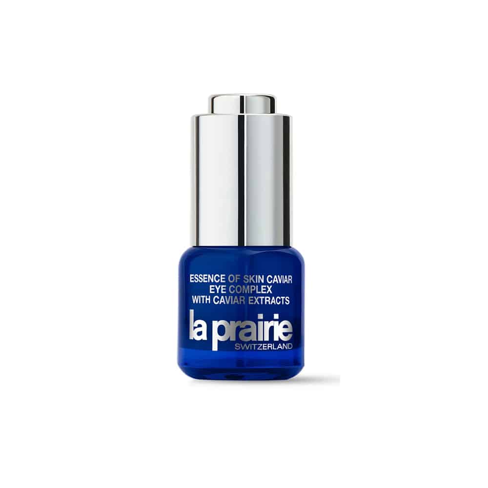 La Prairie eye complex serum bottle with blue glass and silver cap, 15 mL
