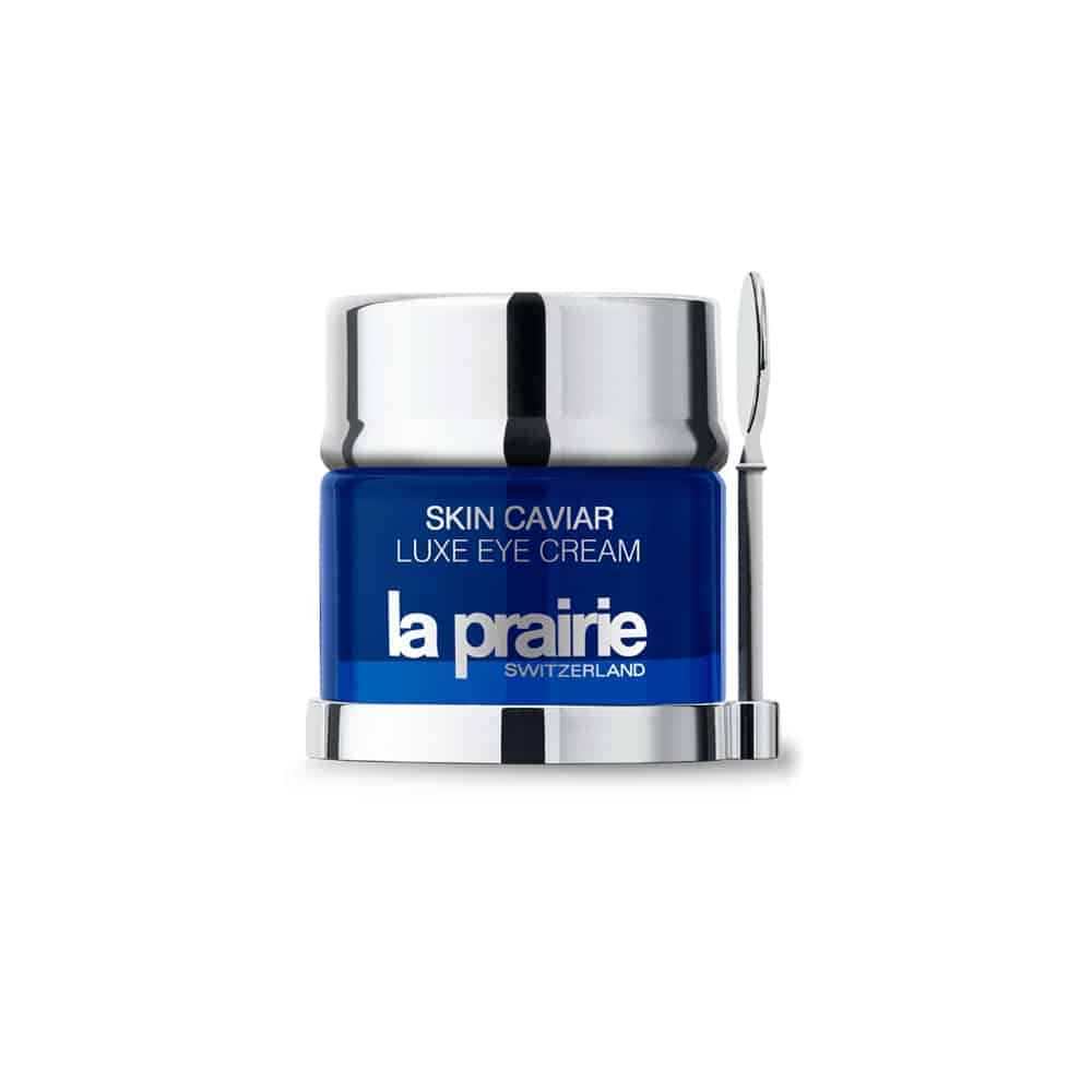 Eye cream jar with silver cap and blue label