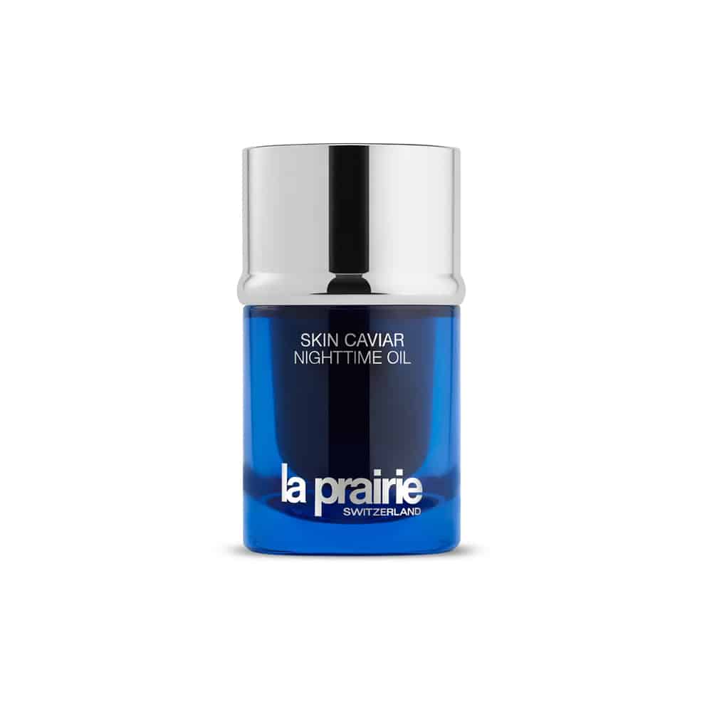 La Prairie Skin Caviar Nighttime Oil bottle with silver cap and blue label