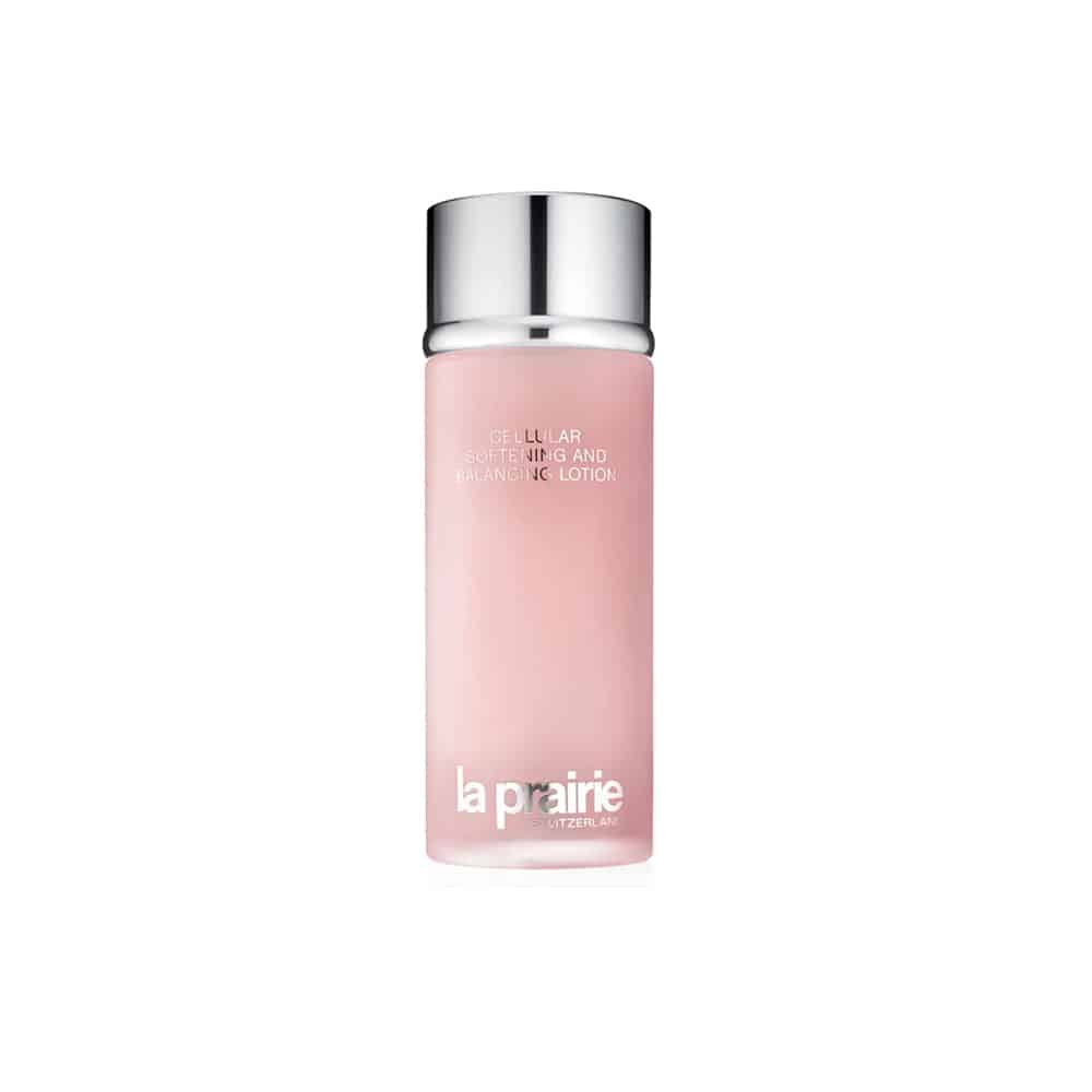 La Prairie balancing lotion bottle with silver cap, clear pink liquid