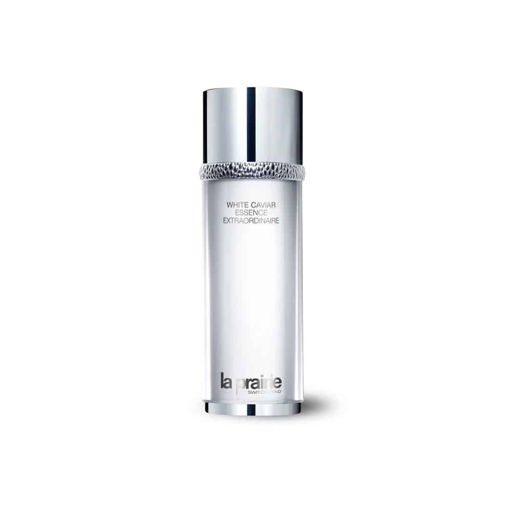 La Prairie caviar essence bottle with silver cap and white label, 150 mL