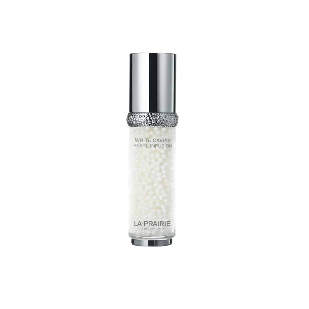 La Prairie White Caviar pearl infusion bottle, silver cap, frosted white container