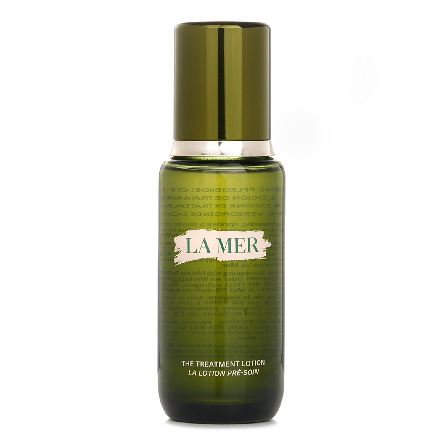 La Mer Treatment Lotion bottle, 5 oz, green glass with gold cap
