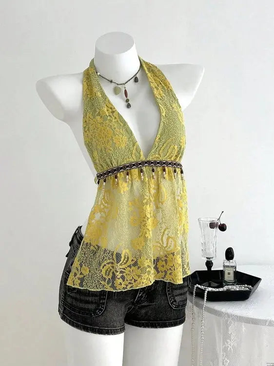 The Salty Season Lace Halter Cami Top