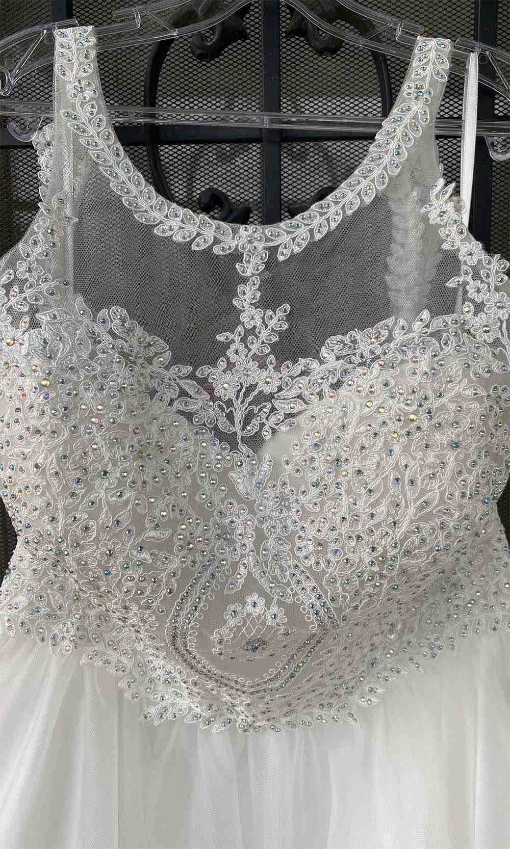 Off-white embroidered lace halter bodice with beaded details and tulle skirt
