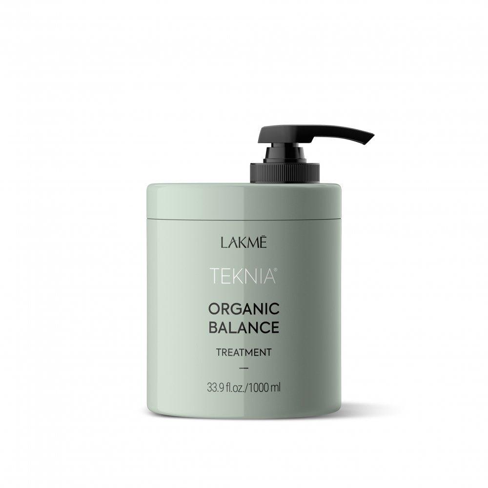 Lakme Teknia organic balance hair treatment bottle with black pump, mint green.