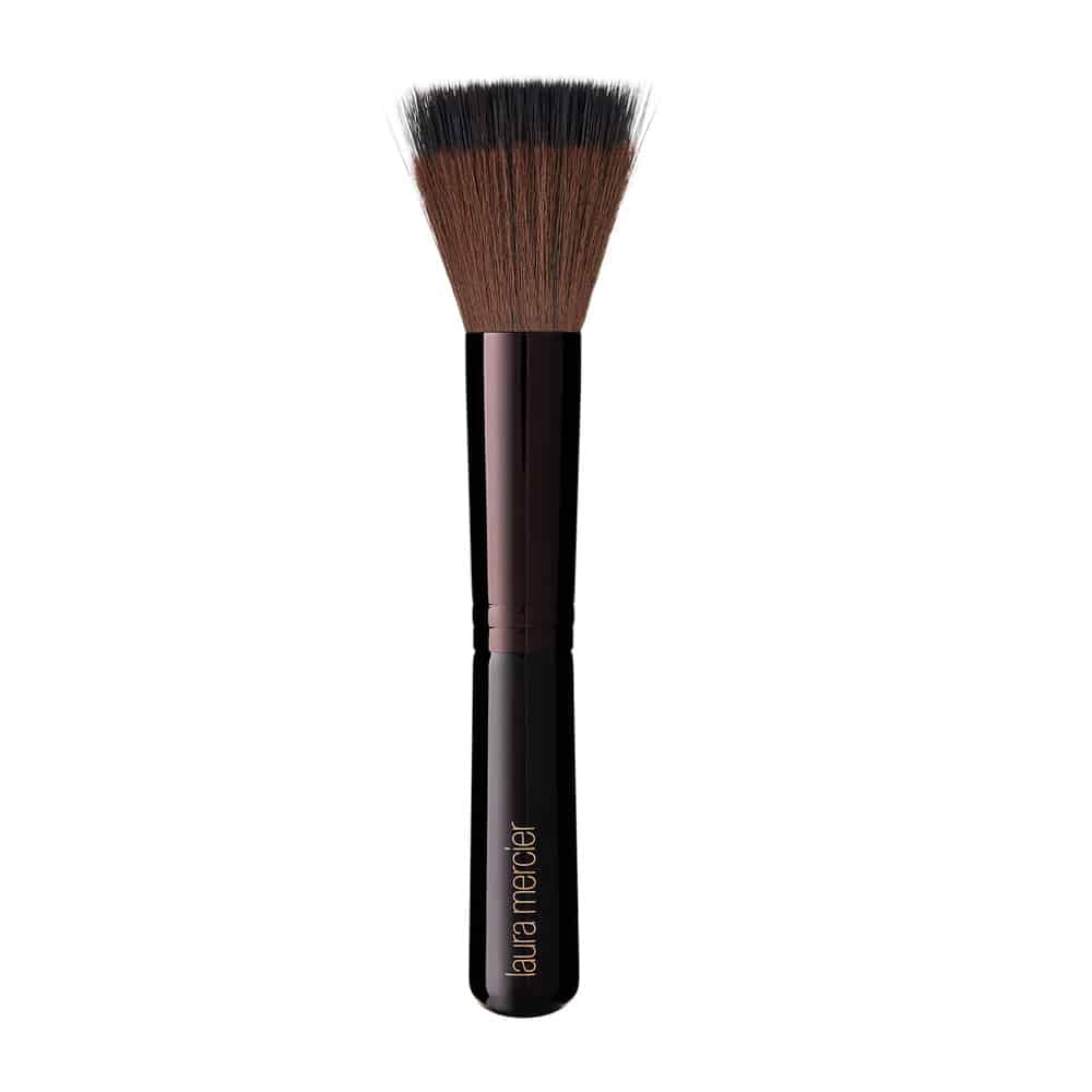 Finishing makeup brush with brown bristles and black rose-gold handle