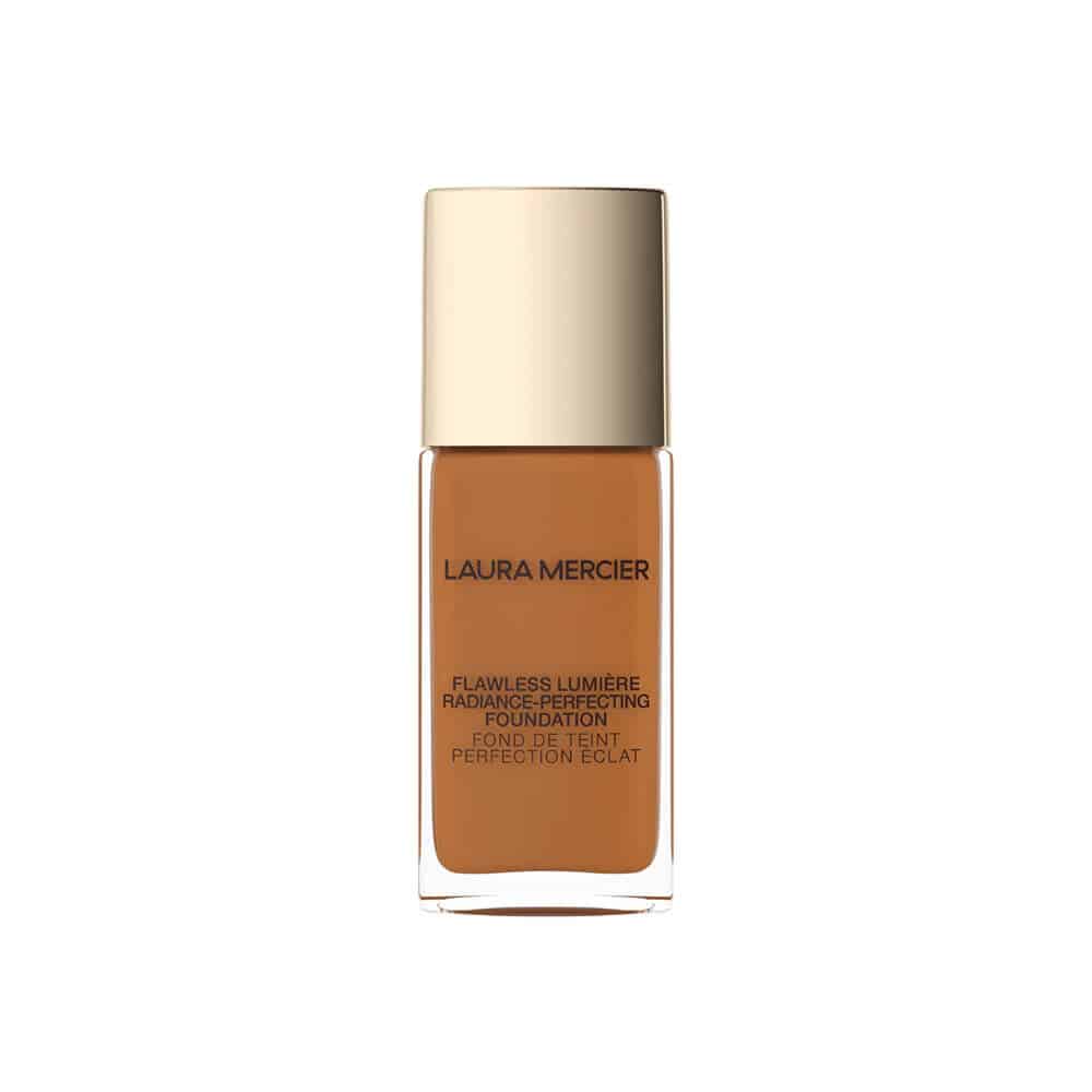 Laura Mercier foundation bottle with gold cap, deep warm brown shade