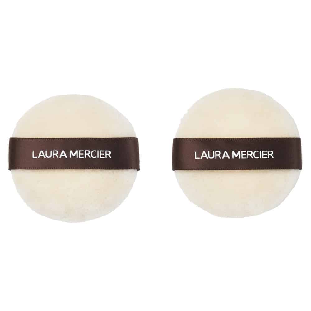 2-pack Laura Mercier velour puffs with dark brown band, round and fluffy
