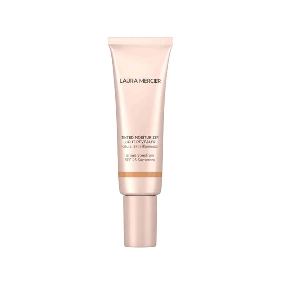 Tinted moisturizer tube with SPF 25, light rosy nude beige cream