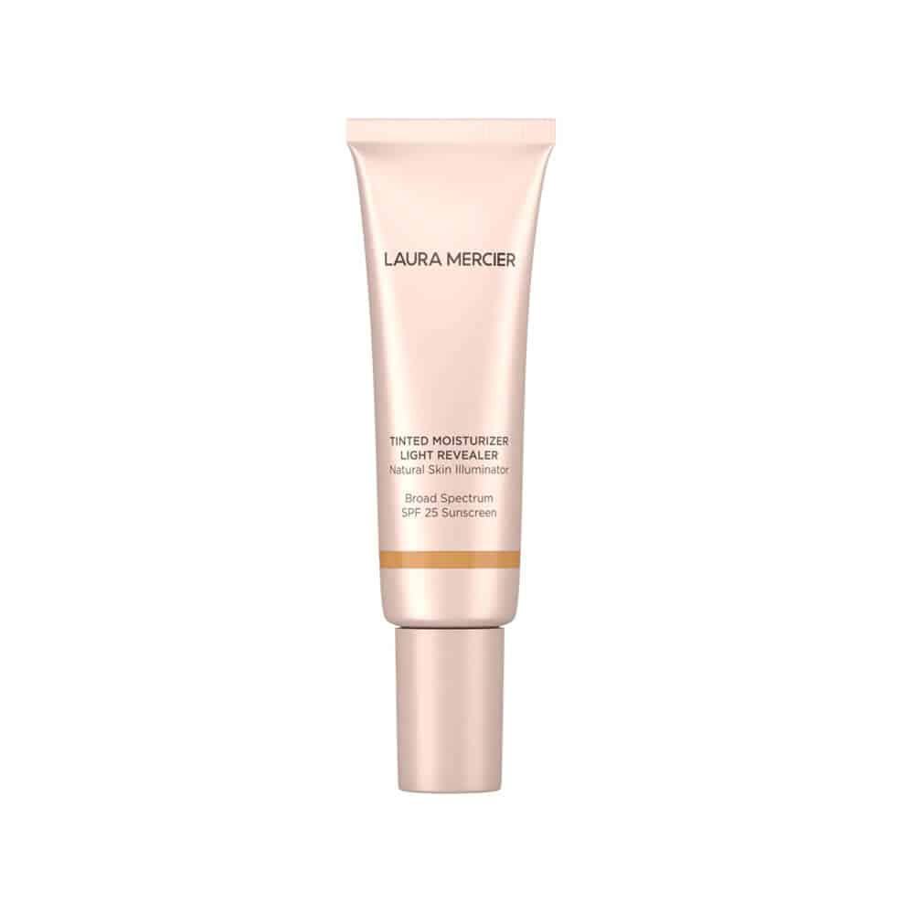 Tinted moisturizer tube with SPF 25, light peach-beige cream