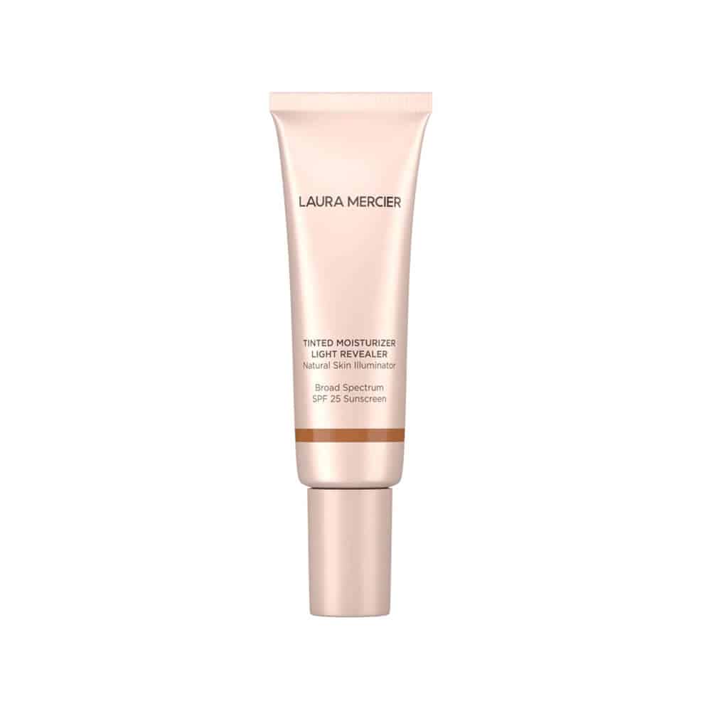 Tinted moisturizer squeezable tube, light peach-beige cream texture