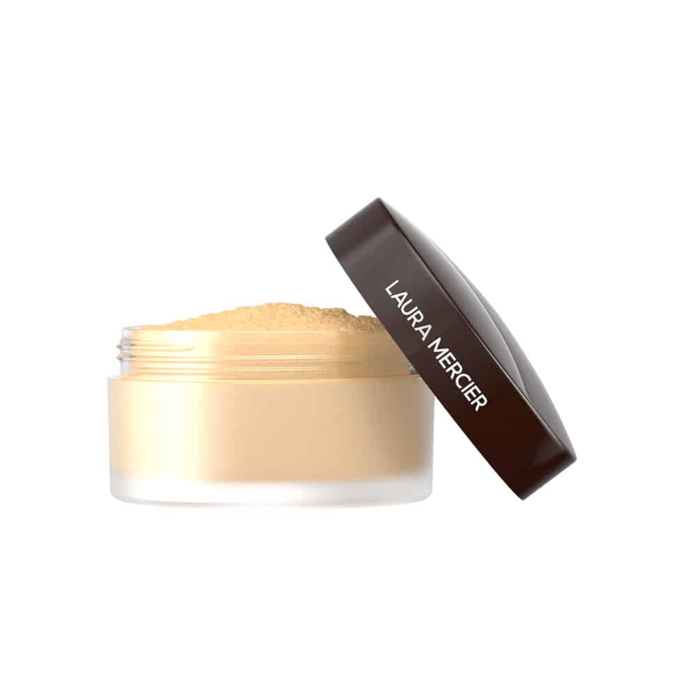 Laura Mercier translucent loose setting powder jar with dark cap; pale golden powder