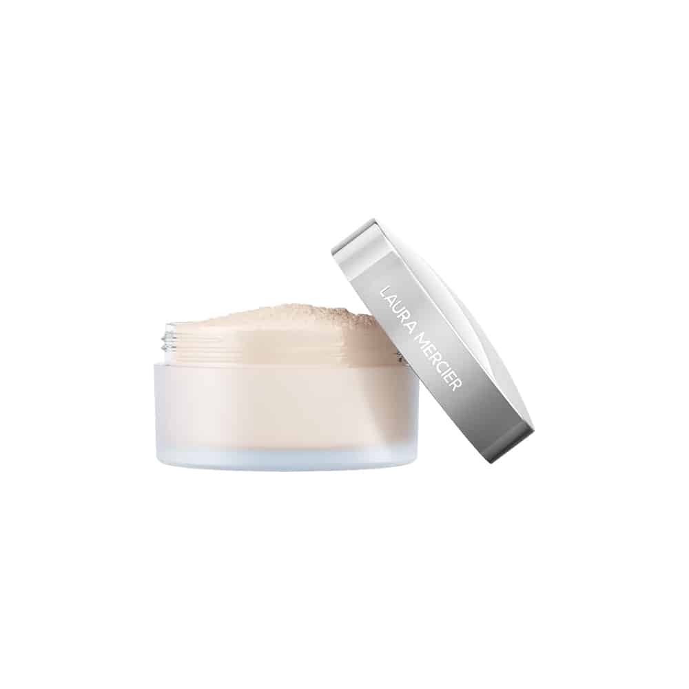 Translucent loose setting powder jar with silver-gray cap and light powder layer
