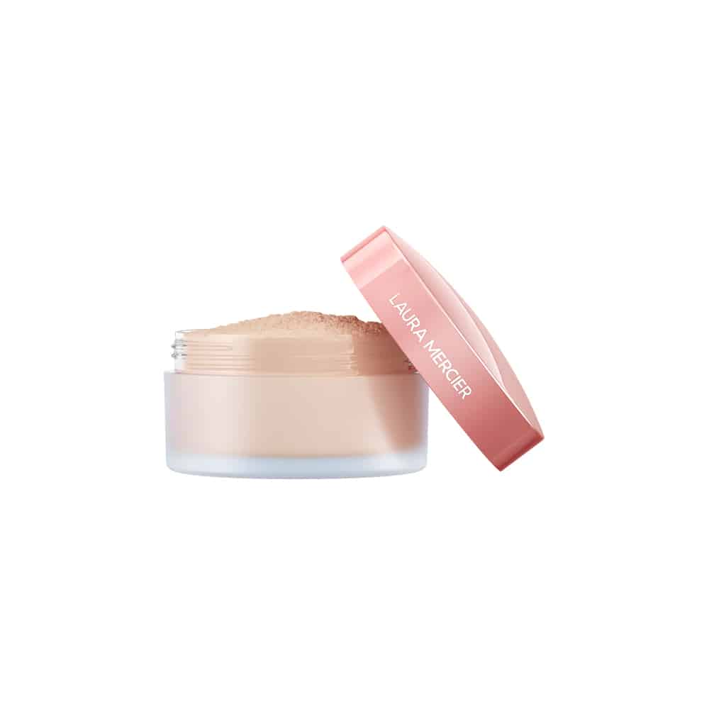 Translucent loose setting powder jar with rose-pink cap and powder scoop texture