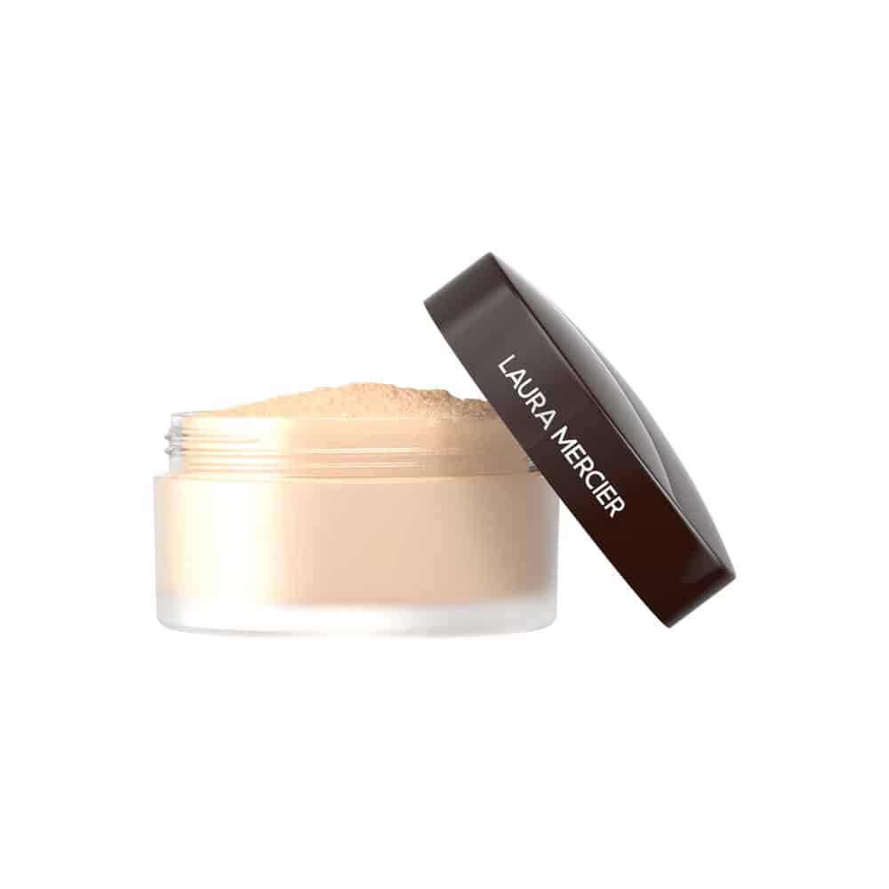 Laura Mercier translucent loose setting powder jar with dark cap; light beige powder