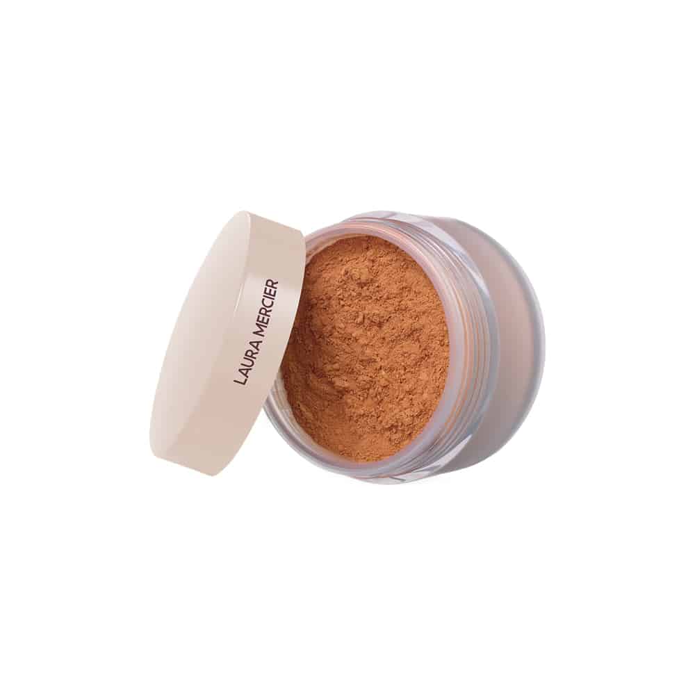 Laura Mercier loose setting powder jar with warm brown powder and sifter lid