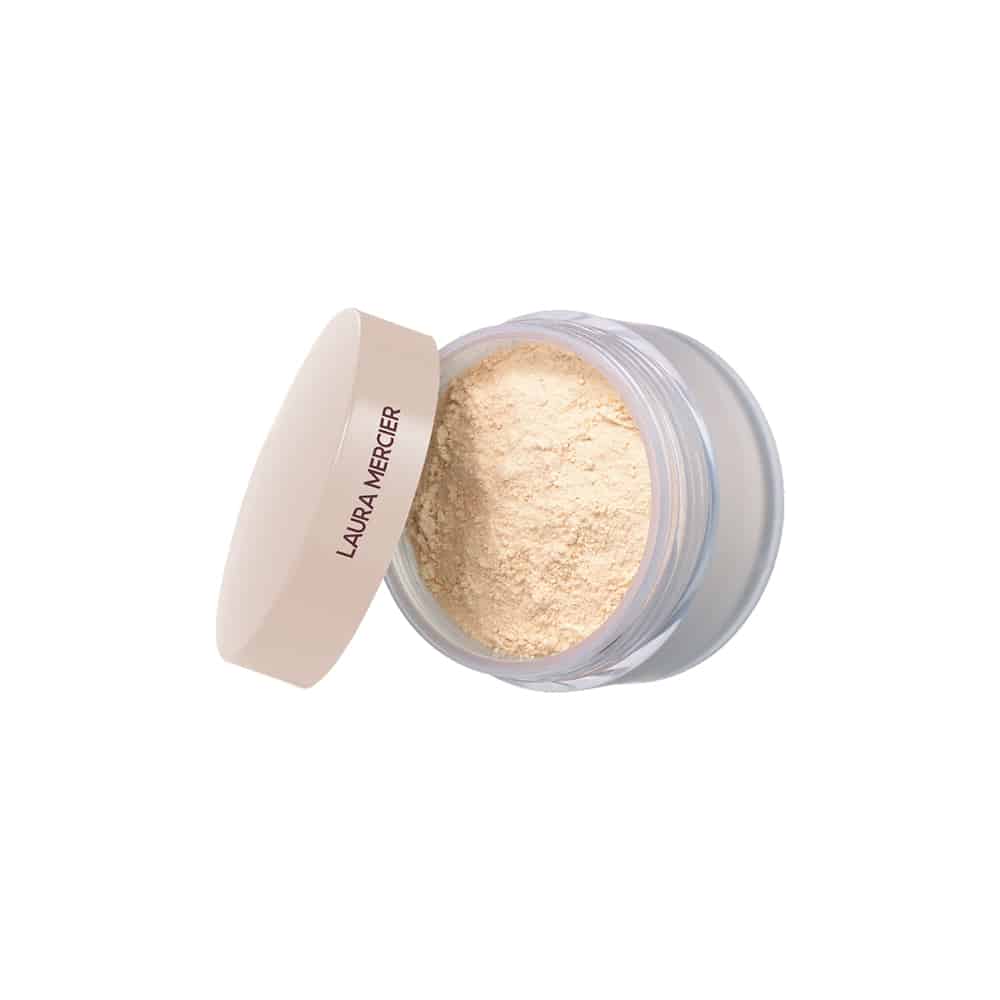 Laura Mercier loose setting powder jar with light beige powder and sifter lid
