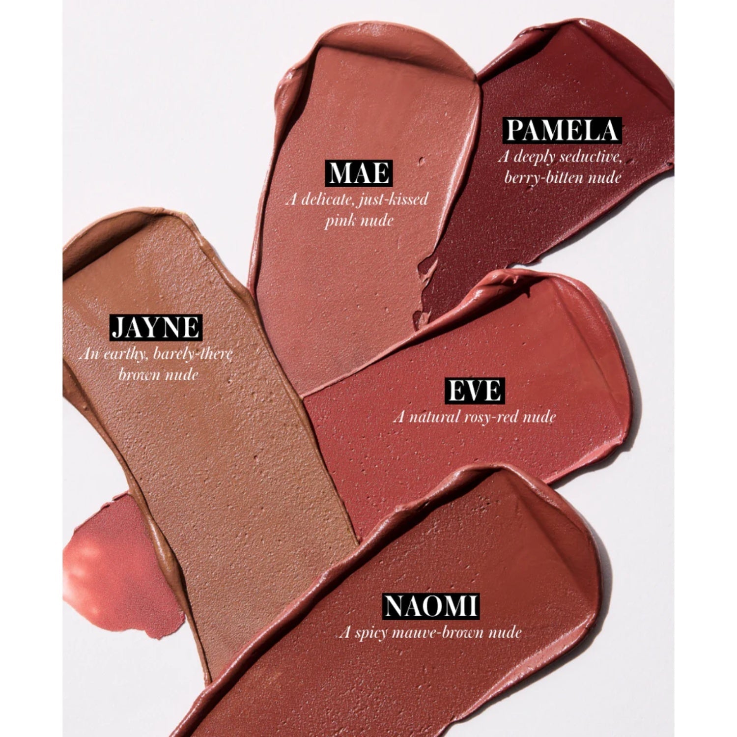 RMS Beauty The Nudes lipstick shades with swatches labeled Jayne, Mae, Eve, Naomi, Pamela