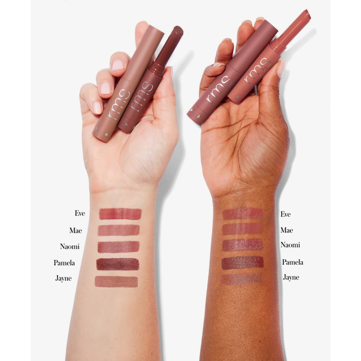 RMS Beauty lipstick swatches on hands, labeled Eve, Mae, Naomi, Pamela, Jayne