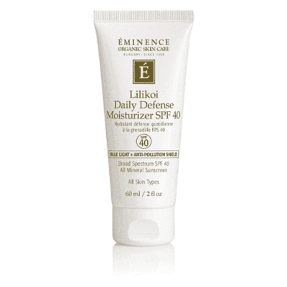 Lilikoi daily defense moisturizer SPF 40 tube, white squeeze bottle with gold logo