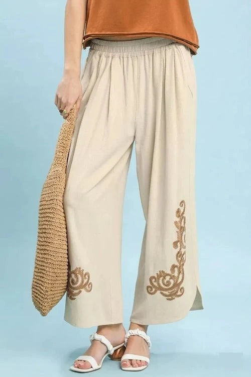 Linen Embroidered Wide-Leg Boho Pants