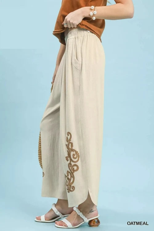 Linen Embroidered Wide-Leg Boho Pants