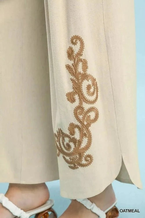 Linen Embroidered Wide-Leg Boho Pants