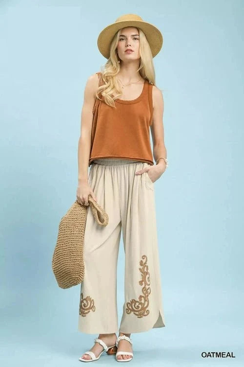 Linen Embroidered Wide-Leg Boho Pants