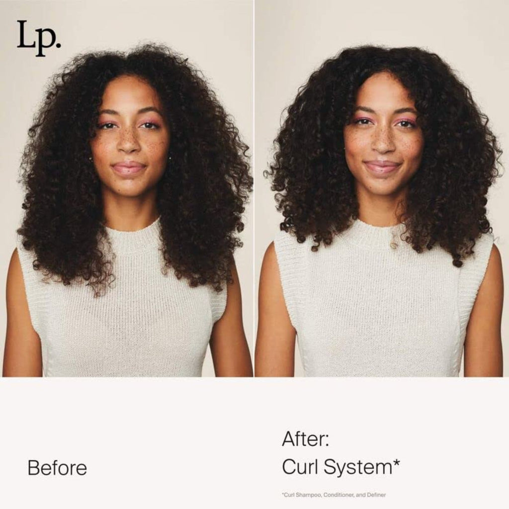 Model with voluminous curly hair, split panel labeled Before and After: Curl System