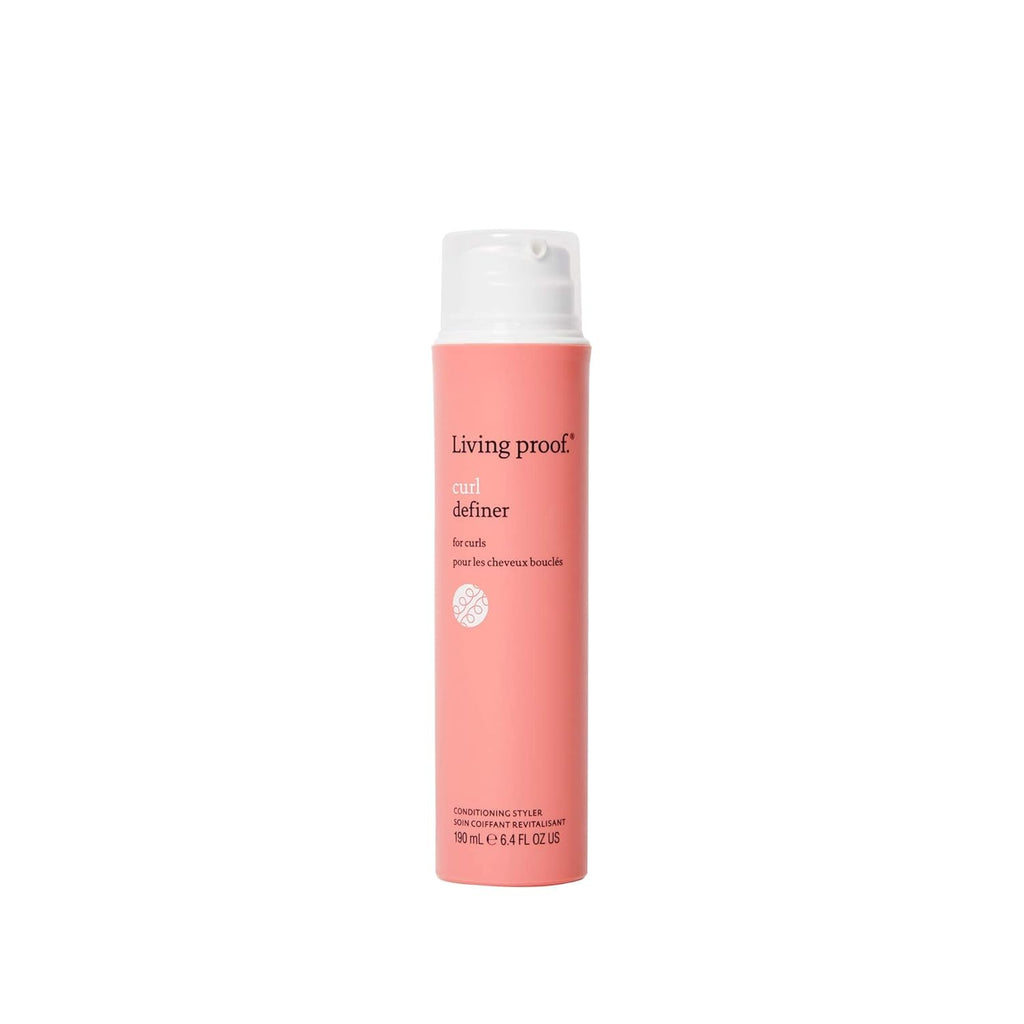 Curl definer spray bottle, pink liquid, white cap and label