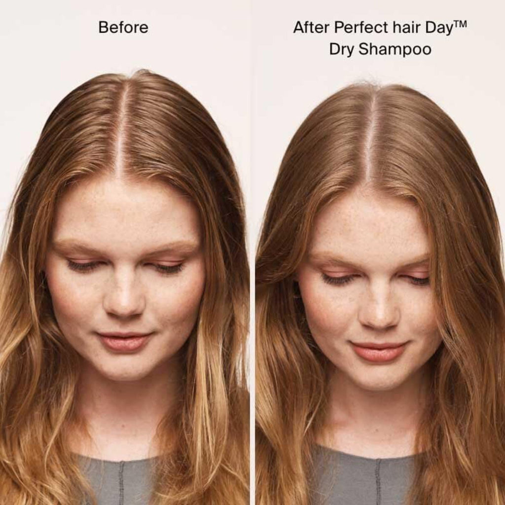 Hair before and after view, refreshed roots with less shine