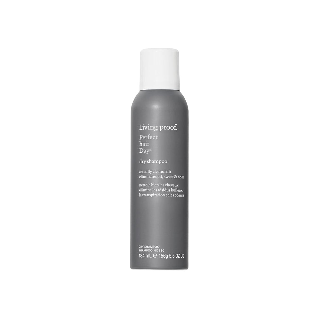 Gray dry shampoo bottle with white cap, front label visible