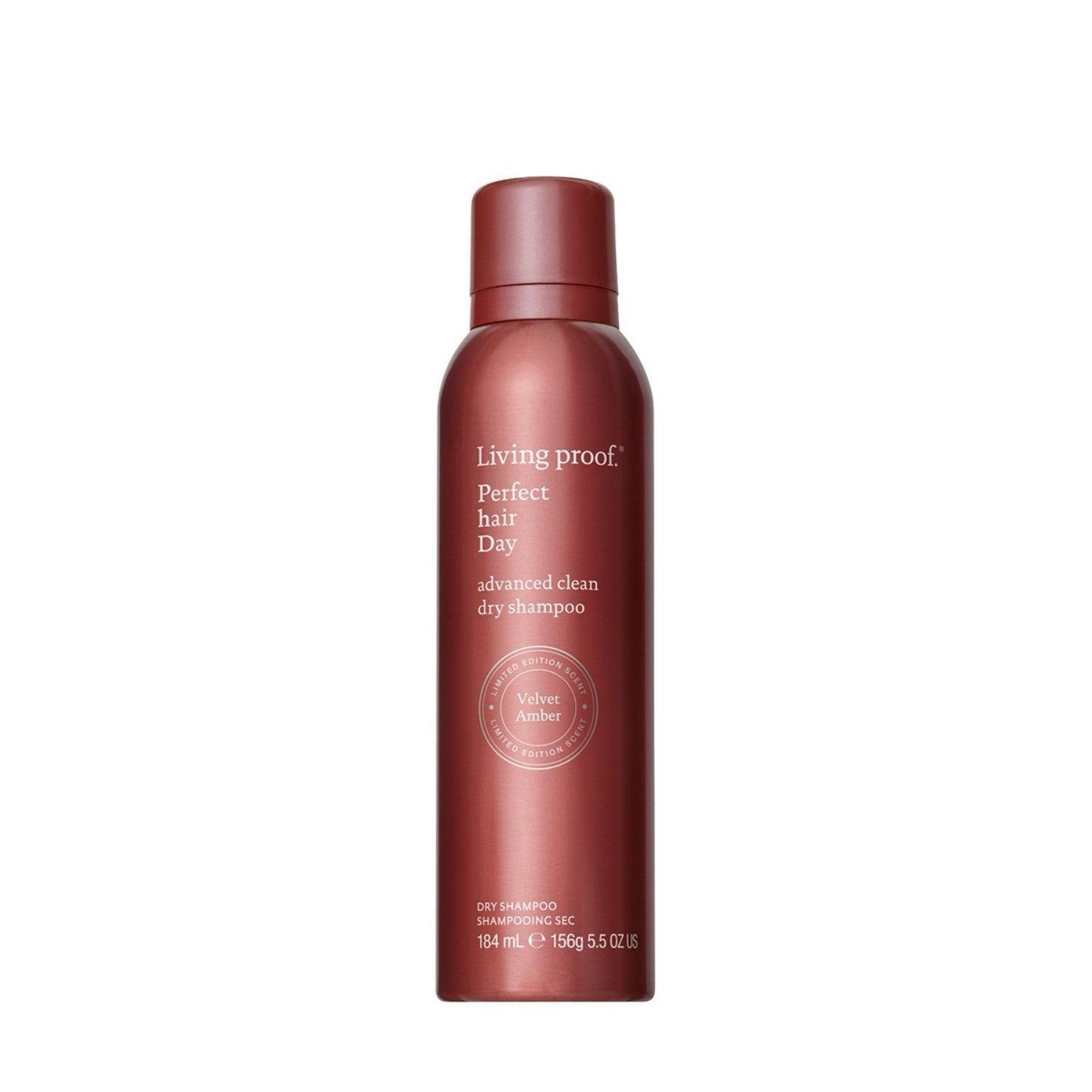 Living proof advanced clean dry shampoo bottle, burgundy spray bottle, Velvet Amber