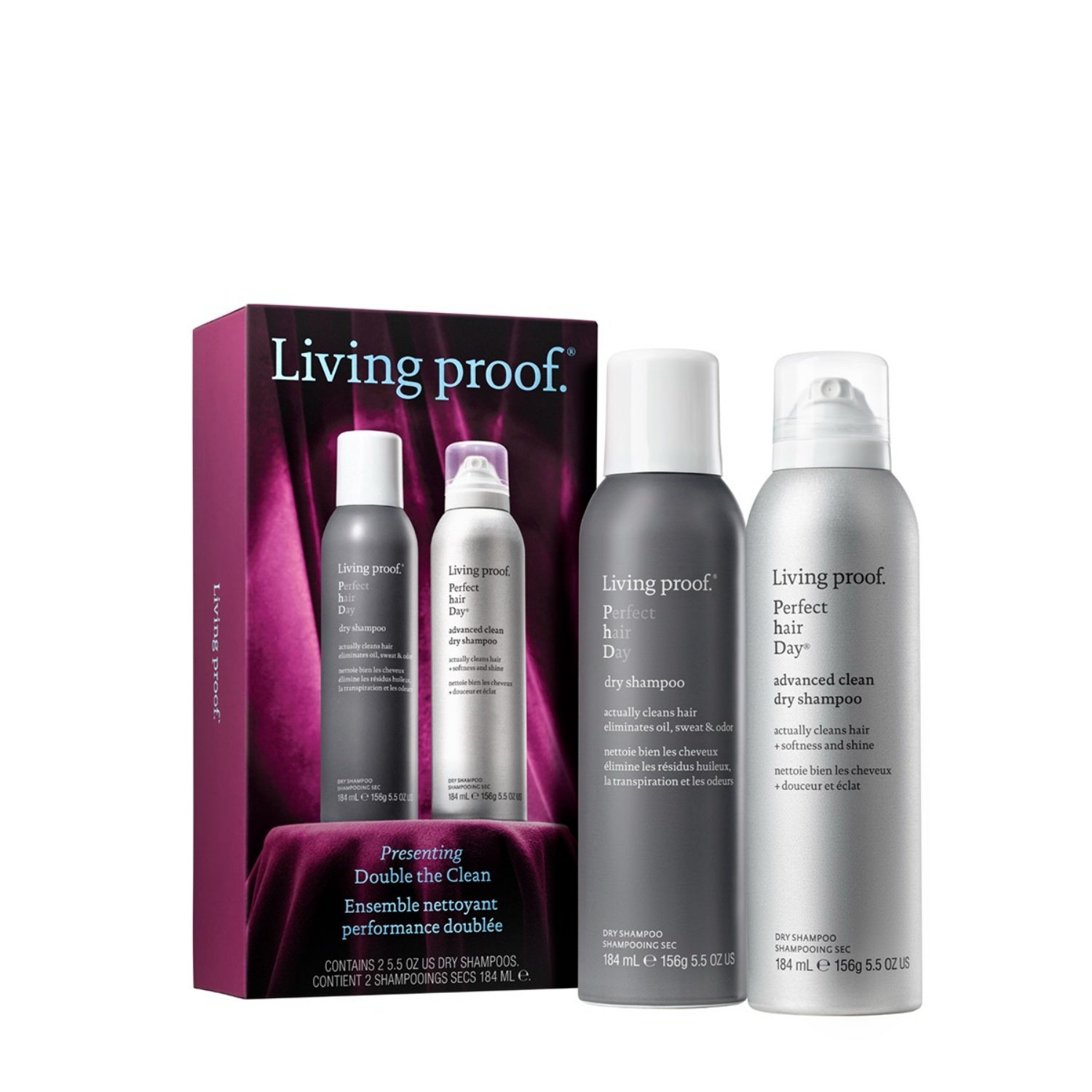 Hair care gift set duo with box and two dry shampoo bottles, Living proof.