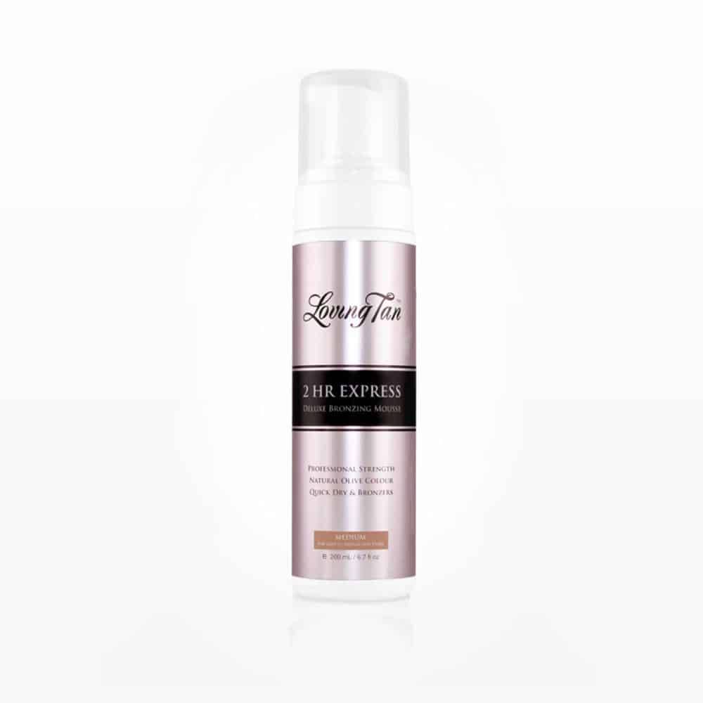 2 HR Express self-tanning mousse bottle, Medium shade front label