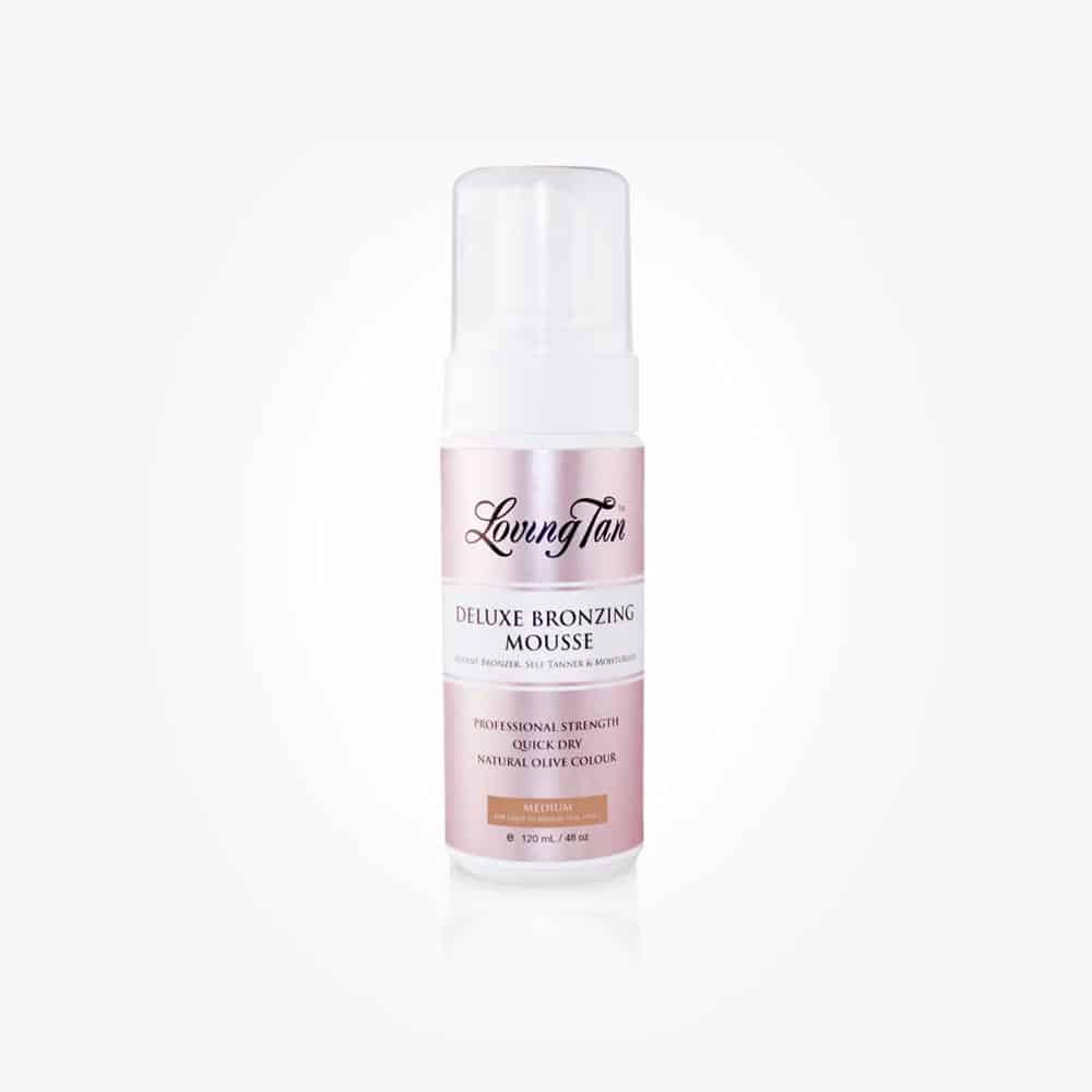 Deluxe bronzing mousse bottle with pump top, soft pink label