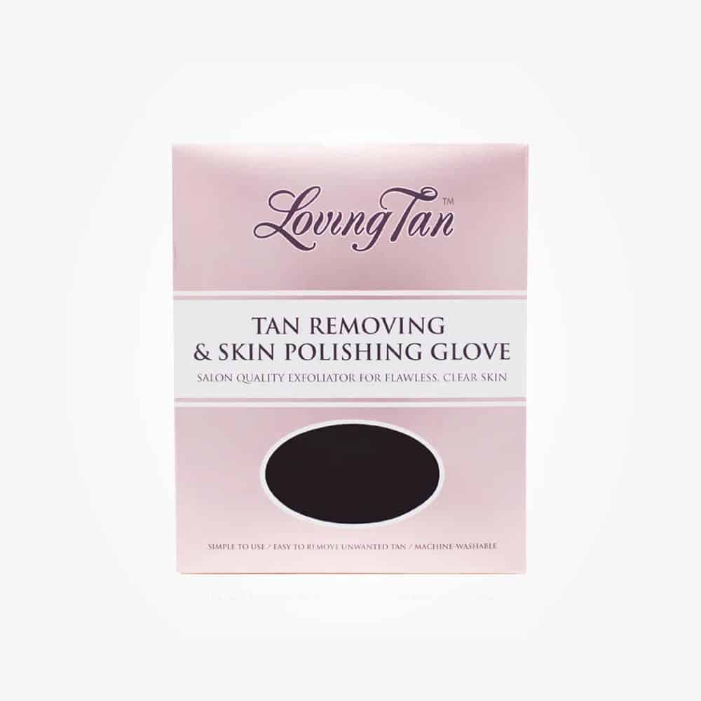 Loving Tan tan removing and skin polishing glove box, pink packaging with dark oval