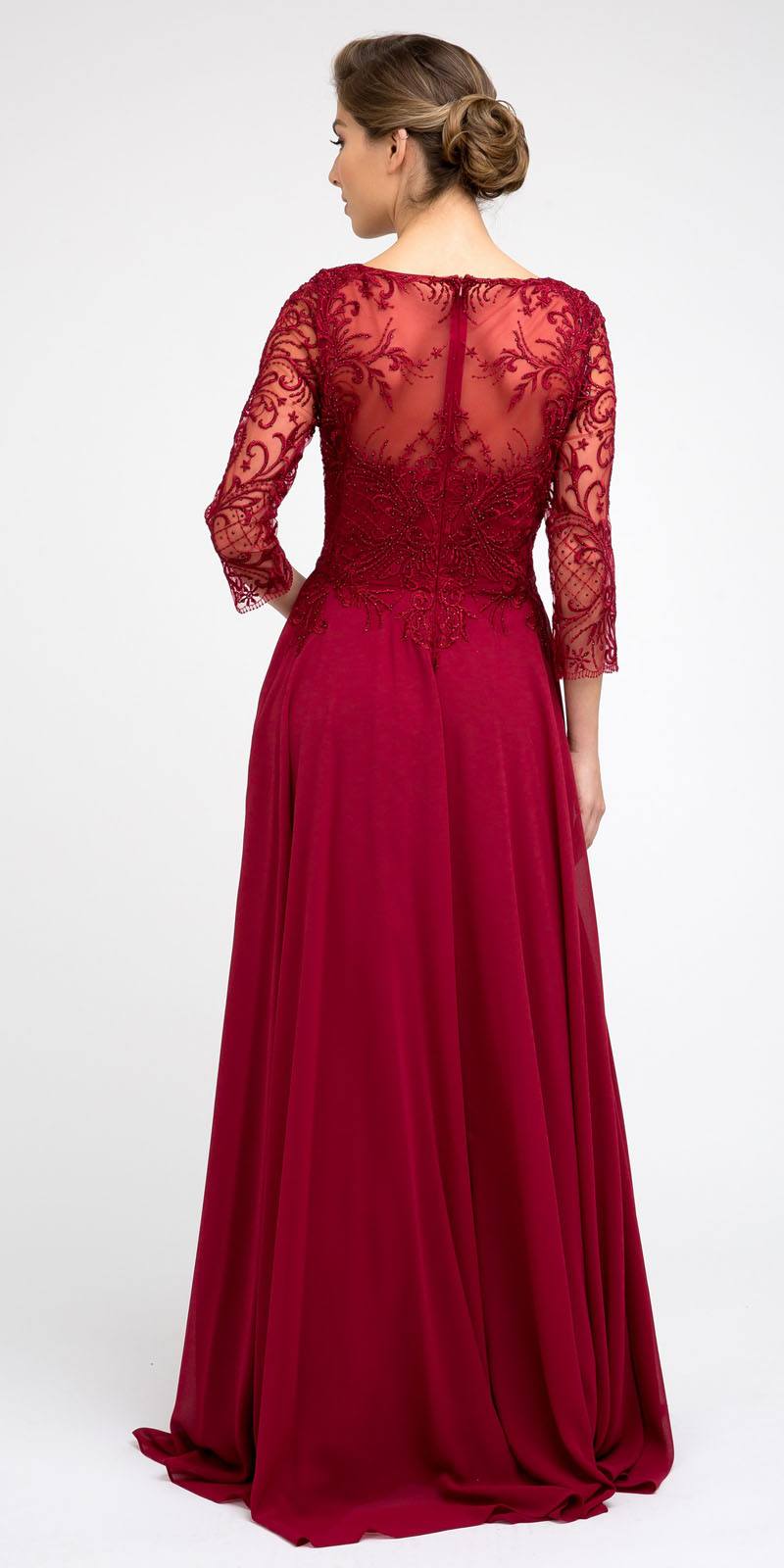 Burgundy appliqued A-line chiffon dress with lace quarter sleeves, open back