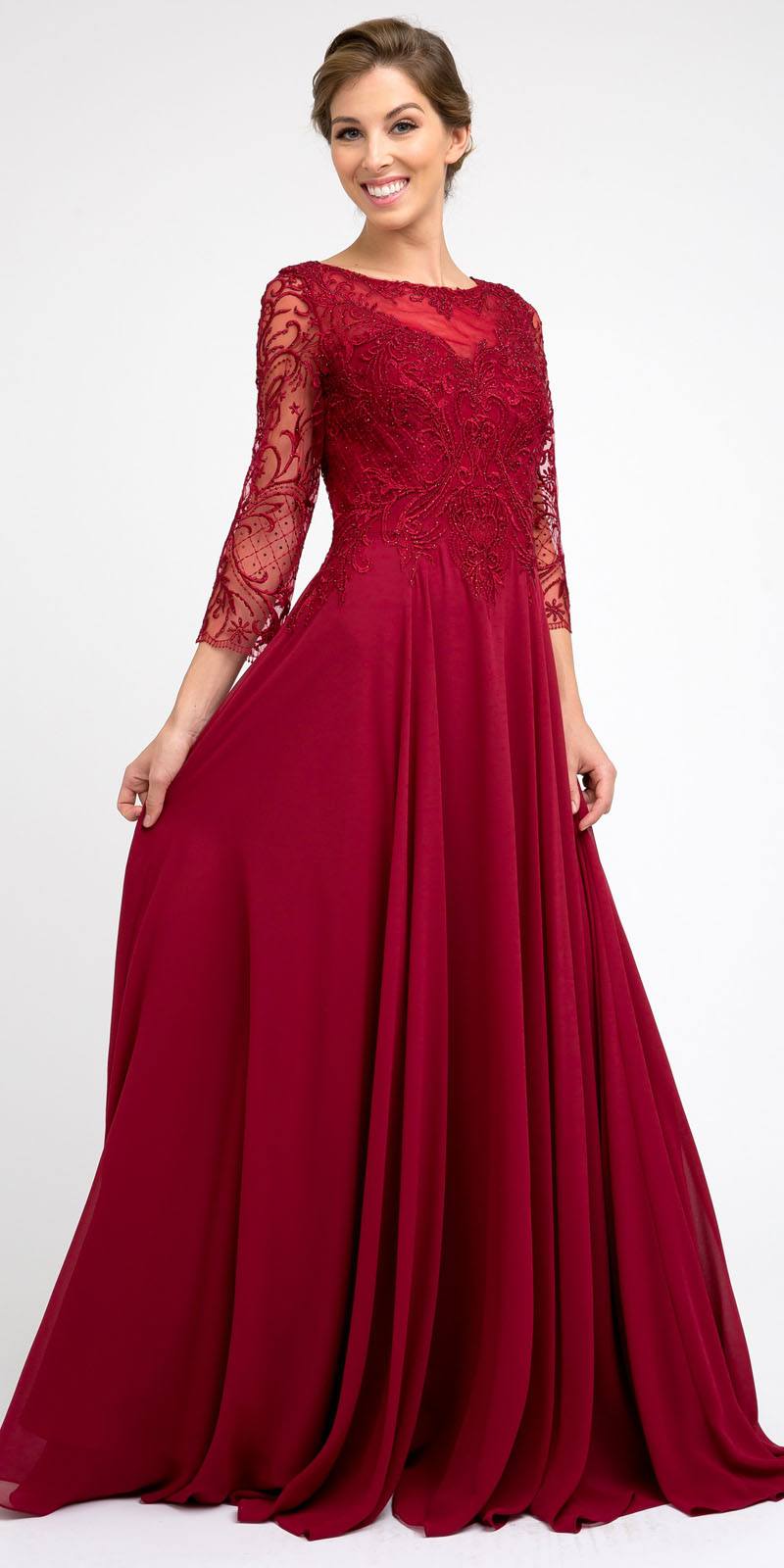 Burgundy appliqued A-line chiffon dress with lace quarter sleeves, long skirt