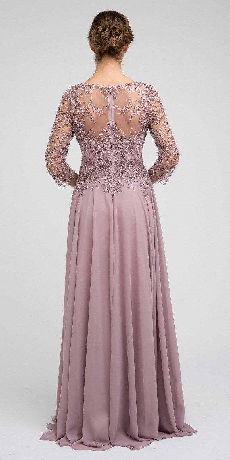 Mauve appliqued A-line chiffon dress with lace quarter sleeves, open back