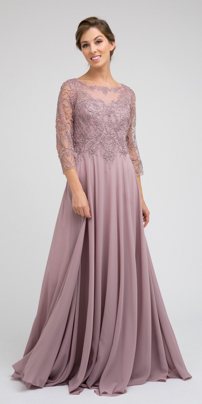 Mauve appliqued A-line chiffon dress with lace quarter sleeves, maxi length