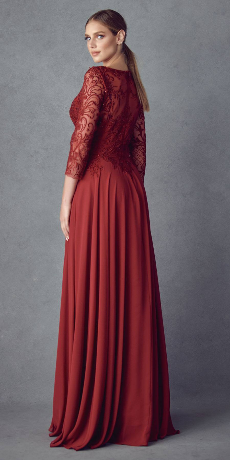 Burgundy appliqued A-line chiffon dress with lace quarter sleeves, side view