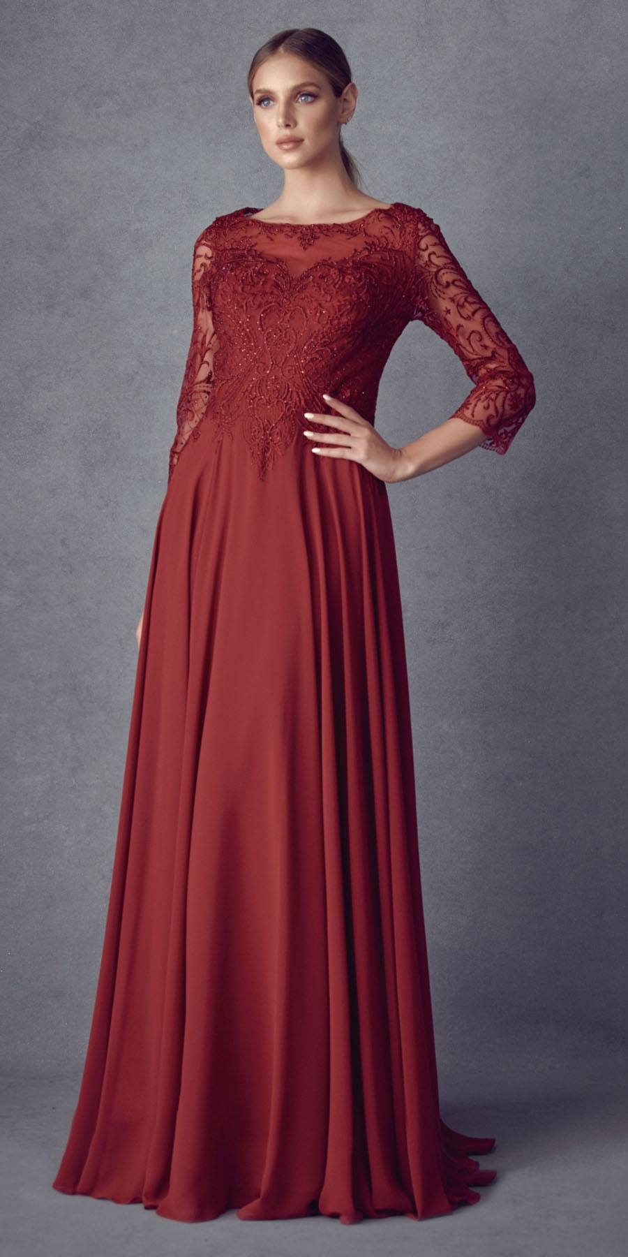Burgundy appliqued A-line chiffon dress with lace quarter sleeves