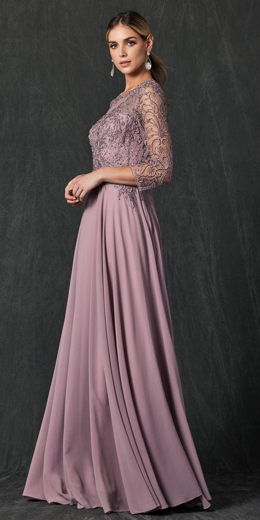Mauve appliqued A-line chiffon dress with lace quarter sleeves, side view