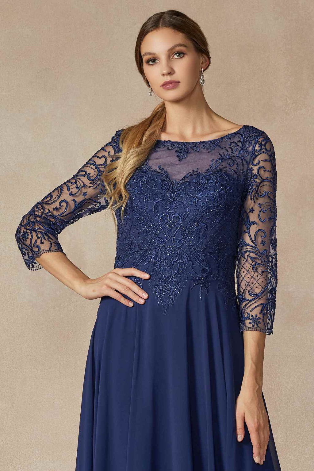 Navy long A-line dress with sheer lace quarter sleeves and embroidered bodice