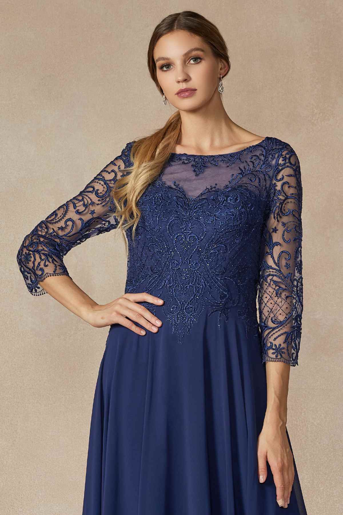 Navy long A-line dress with sheer lace quarter sleeves and embroidered bodice